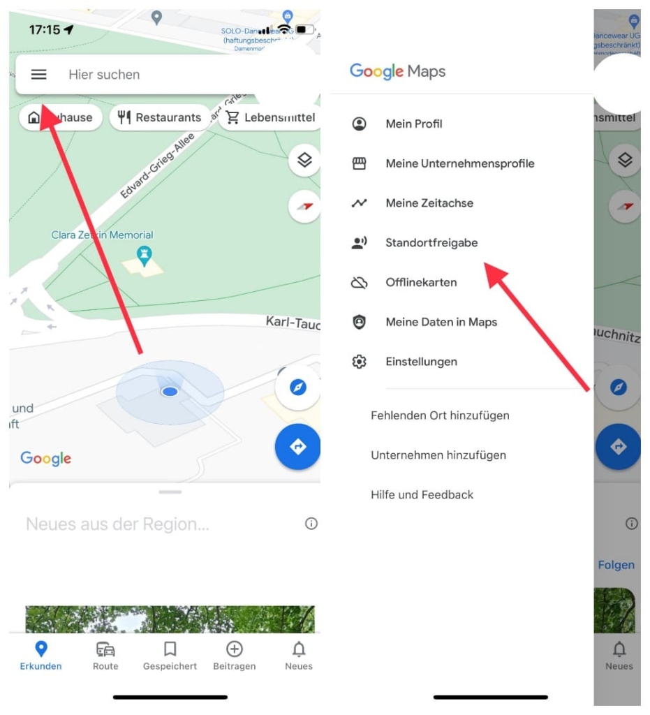 Wechseln Sie zum Menü Google Maps, Registerkarte Standortfreigabe