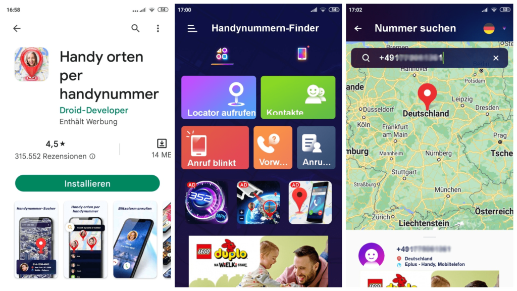 Bildschirmfotos der mobilen Anwendung Mobile Number Locator von Droid Developer