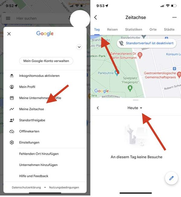 Handy-Screenshot der iPhone-Ortung mit Google Maps, Schritte 3-4
