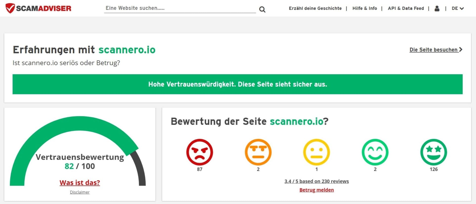 scamadviser Website Trustscore für Scannero