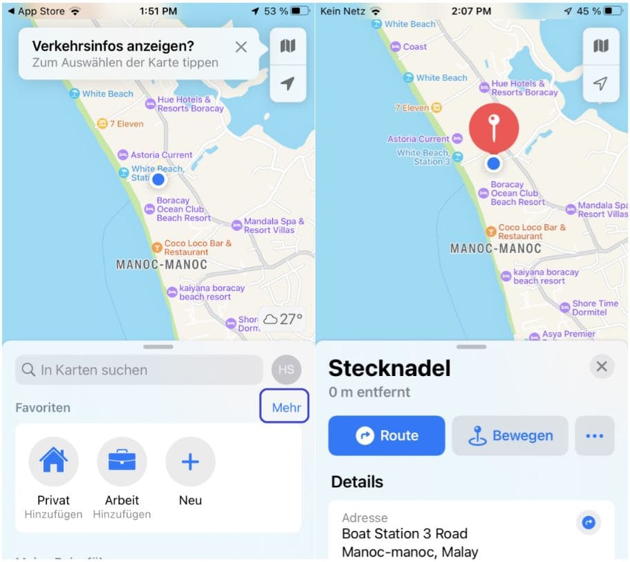 Screenshots, die Ihren genauen Standort zeigen, und die Möglichkeit, persönliche Angaben und Routenführungen zu machen
