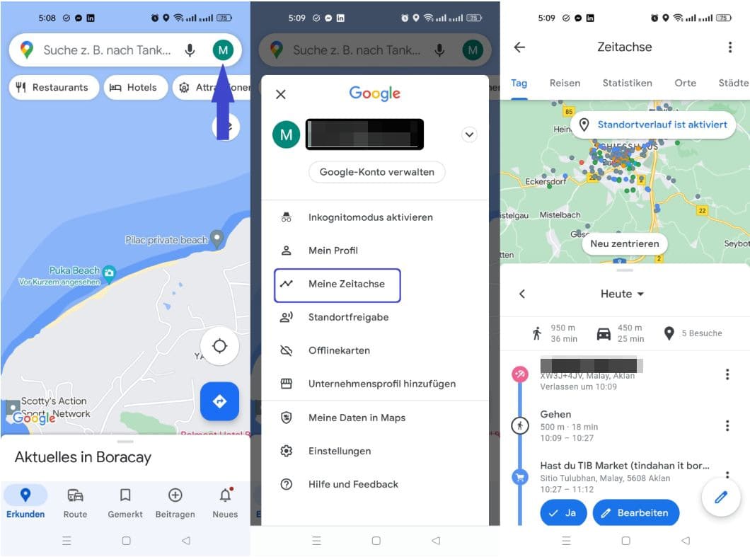 drei Screenshots einer Google-Maps-Suche für Ihr Telefon mit Ihrem Konto und einem Verlauf Ihres genauen Standorts