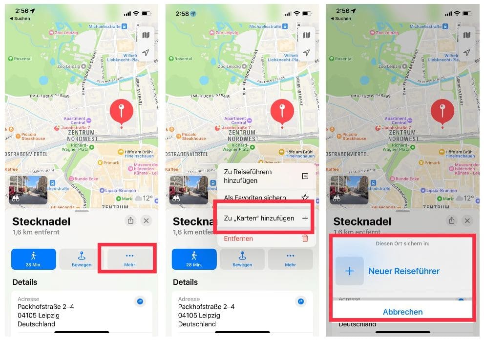 Hinzufügen einer Stecknadel zu Reiseführern in Apple Maps