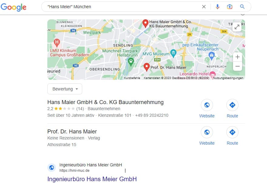 Kartenansicht mit resultaten für die Suche einer Adresse auf google maps