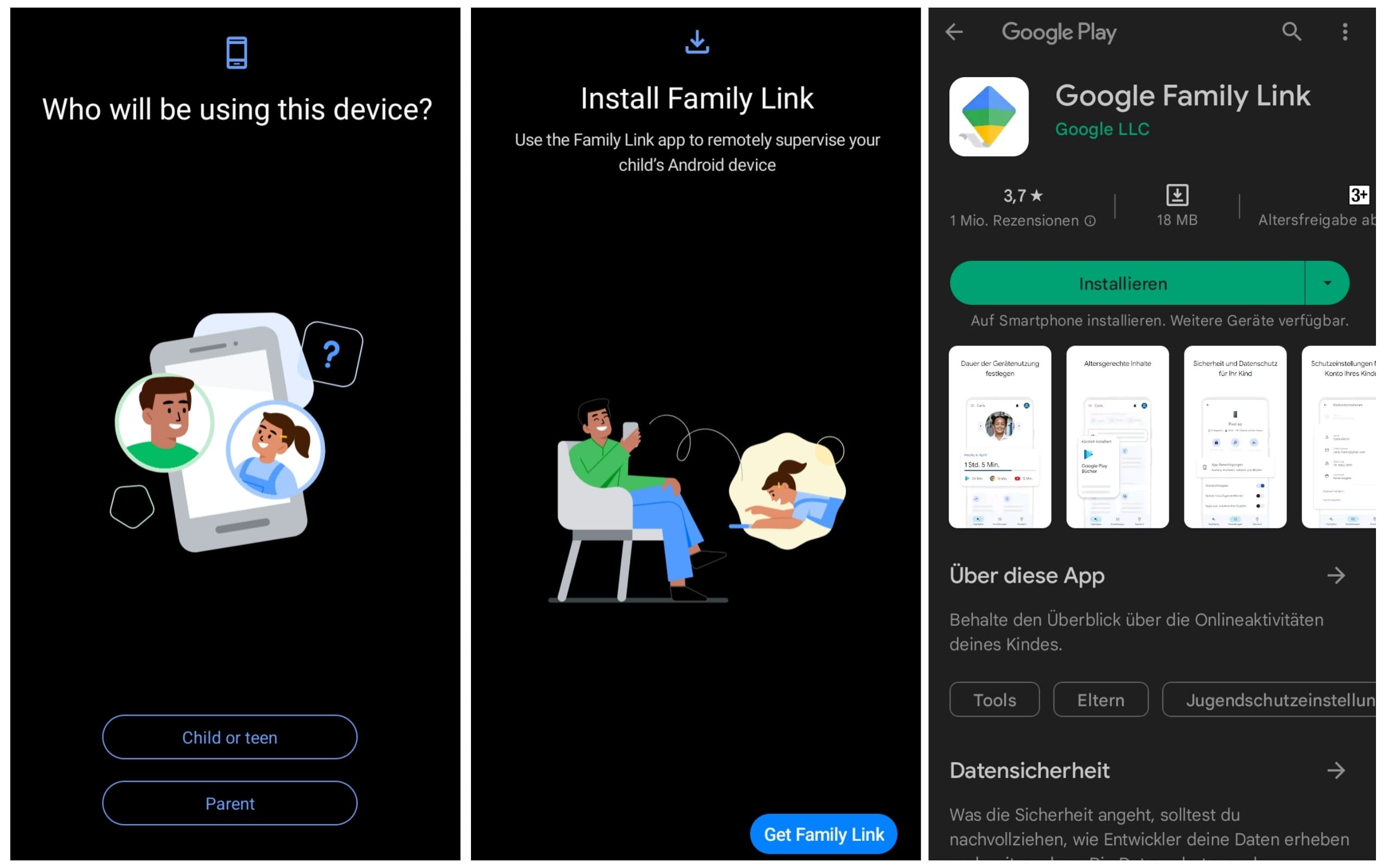 drei Screenshots der Family Link-App mit Informationen darüber, wer die App nutzen wird, wo man den Link erhält und ein Foto, wie man die App installiert