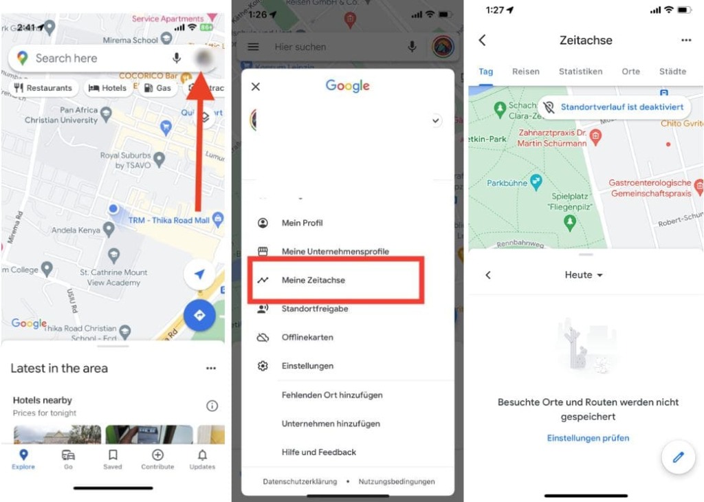 Screenshots des Standorts Ihres Kindes auf Google Maps und der Kontoeinstellungen