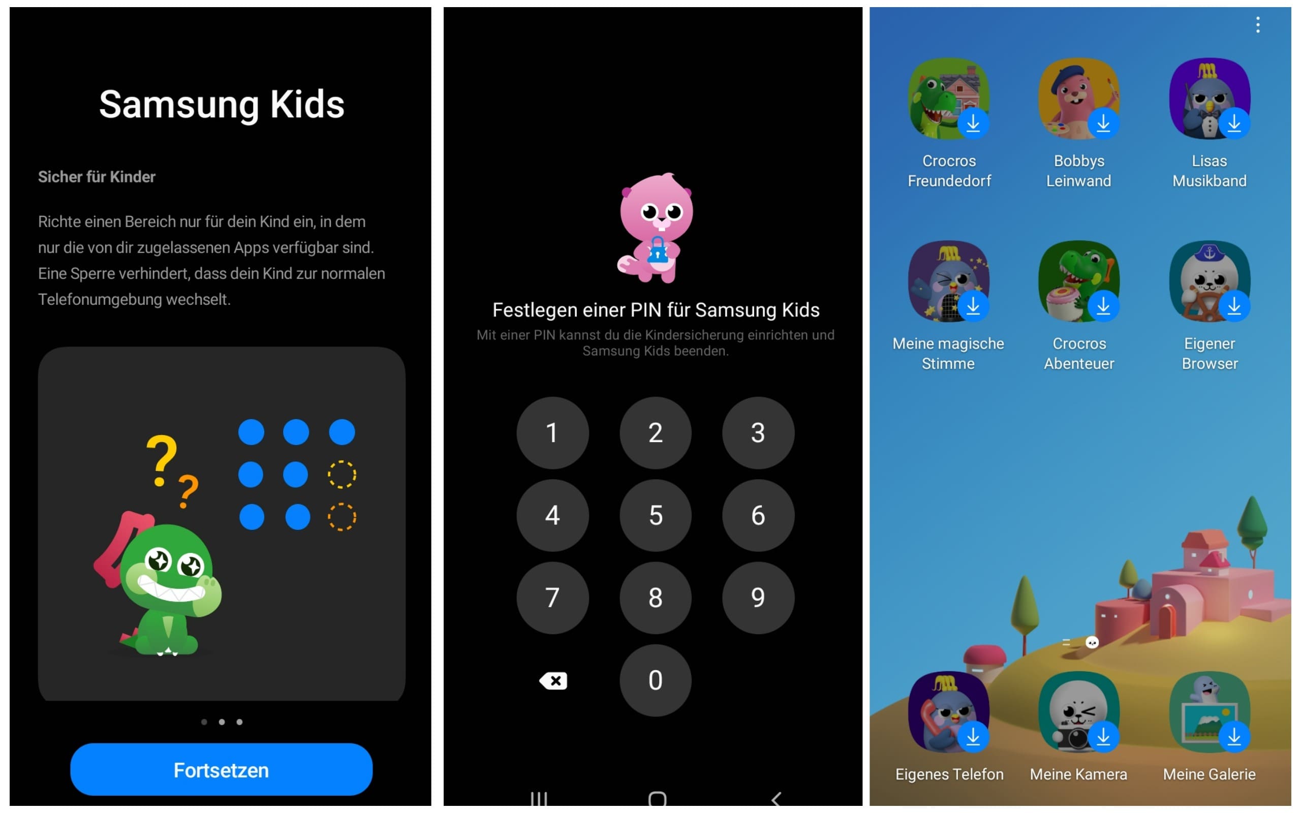 drei Screenshots zum Finden und Einrichten eines Pincodes in der Samsung Kids App