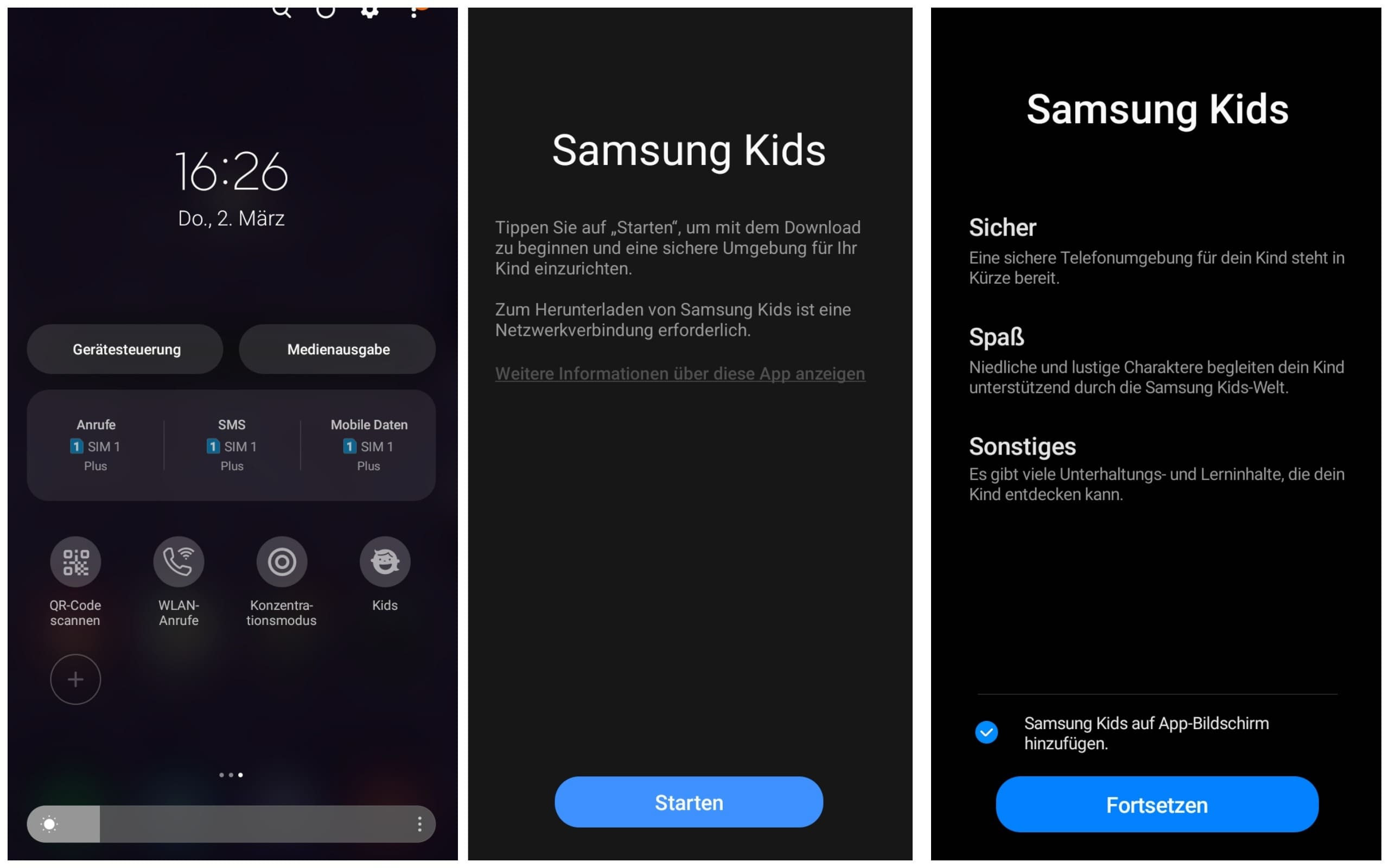 drei Screenshots zum Einrichten der Samsung Kids-App