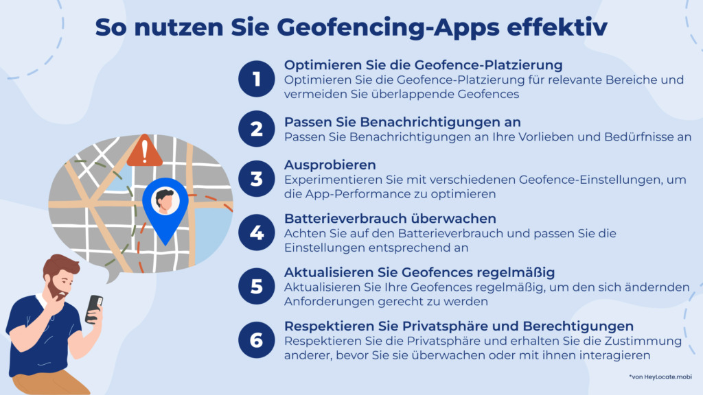 Liste mit Tipps zur effektiven Nutzung von Geofencing-Apps - HeyLocate Infographics
