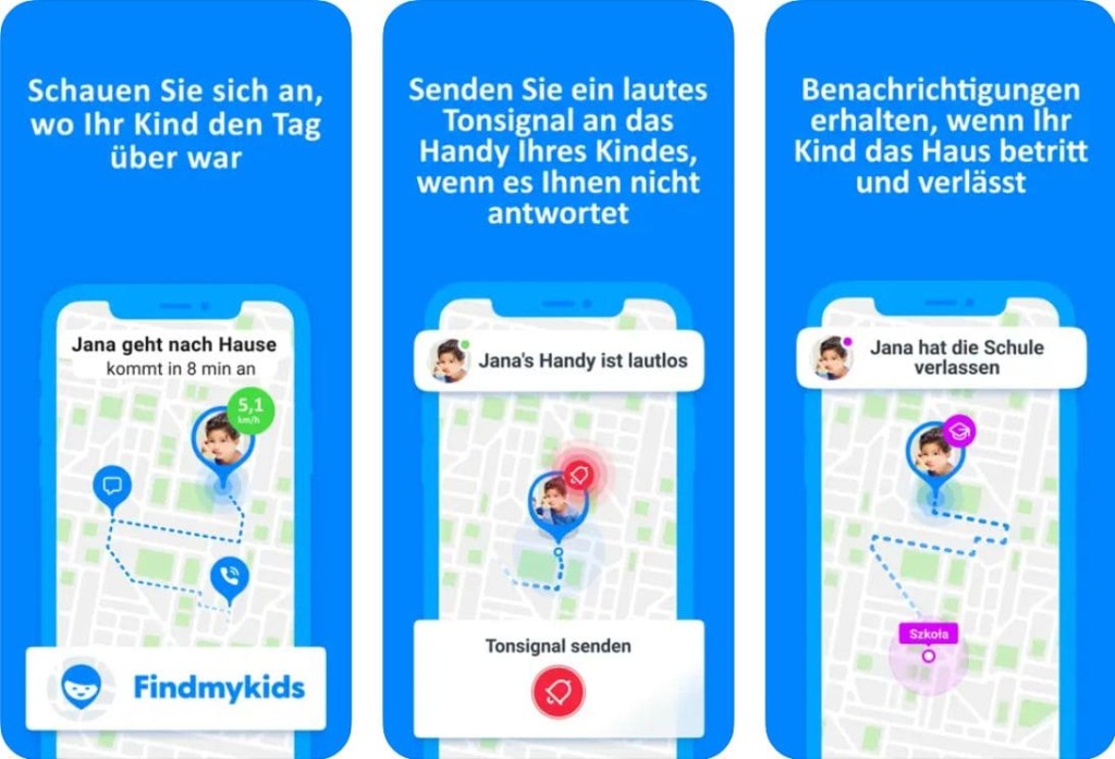 Drei Screenshots der Find-My-Kids-App-Seite im Betrieb