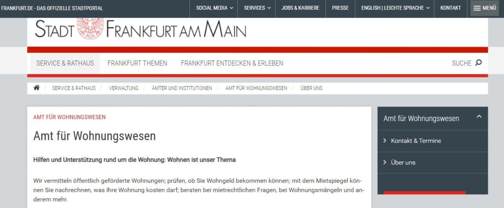 So sieht die Webseite von dem Amt für Wohnugnswesen Frankfurt aus