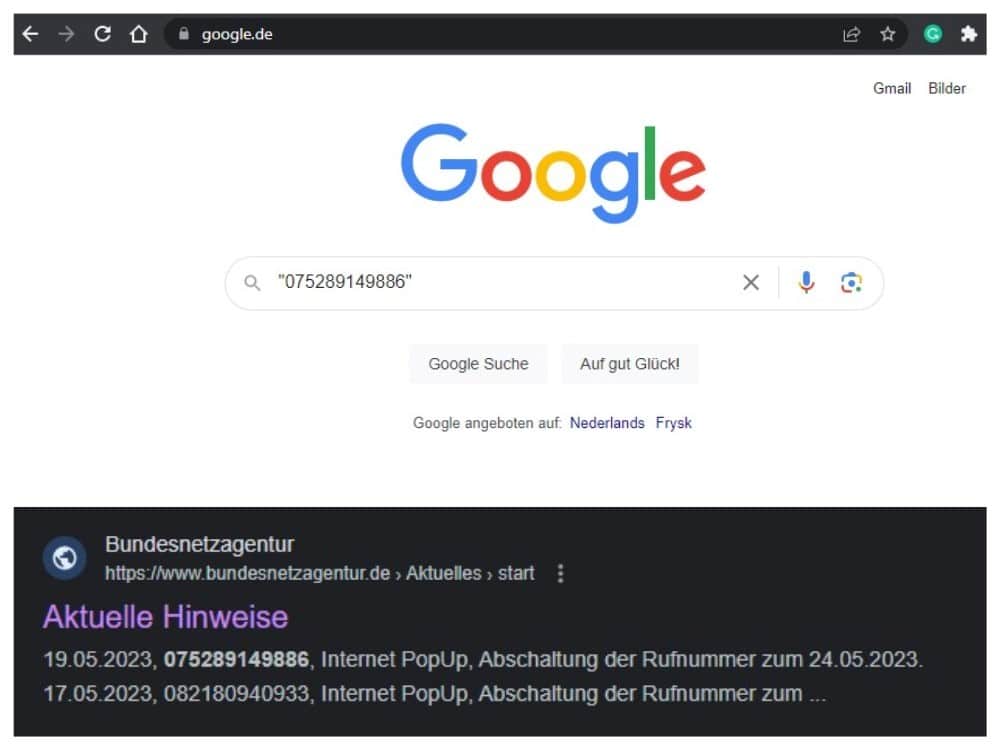 So kann eine Google Suche durchgeführt werden und Ihnen Scammer anzeigen