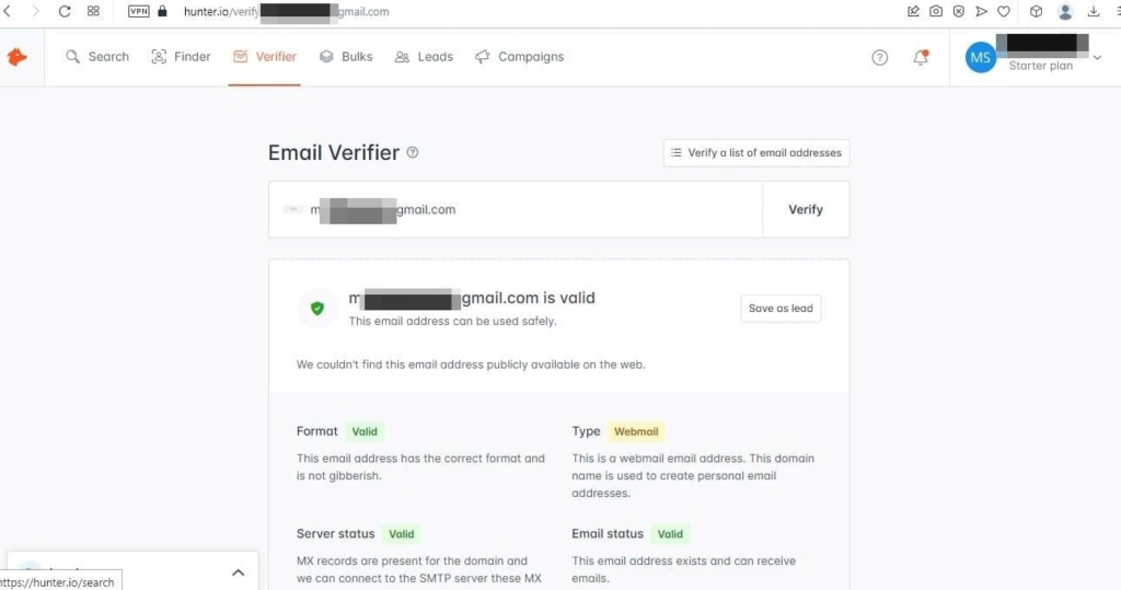 Der Email-Verifier von hunter.io zeigt Ihnen, ob eine Email Adresse Sicherheitsrisiken bietet