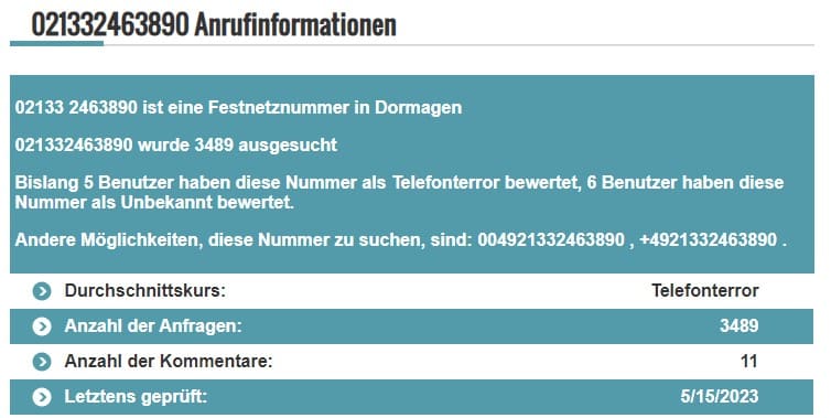 Wer ruft an, zeigt Ihnen, wie häufig die Nummer bereits anderen Personen aufgefallen ist