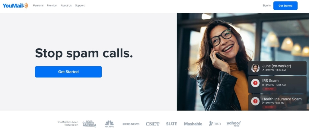 youmail-Startseite mit der Möglichkeit, Telefonnummern auf Spam zu überprüfen