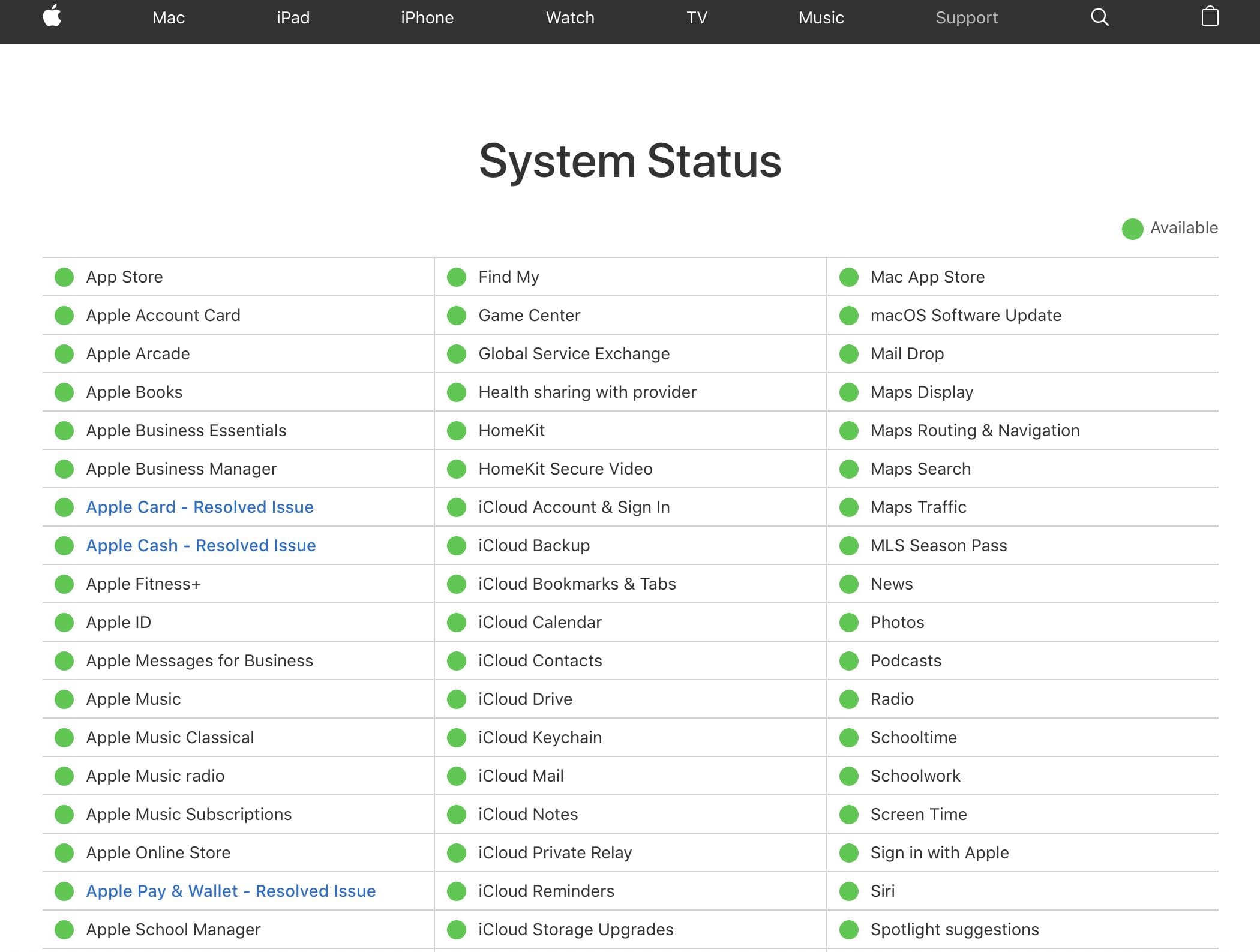 Die Seite „Apple-Systemstatus“