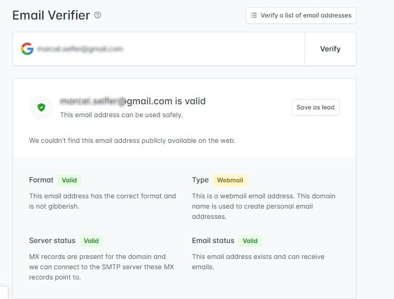 Hunter.io zeigt Ihnen an, ob eine E-Mail-Adresse aktive ist und zu welchem Server Sie gehört