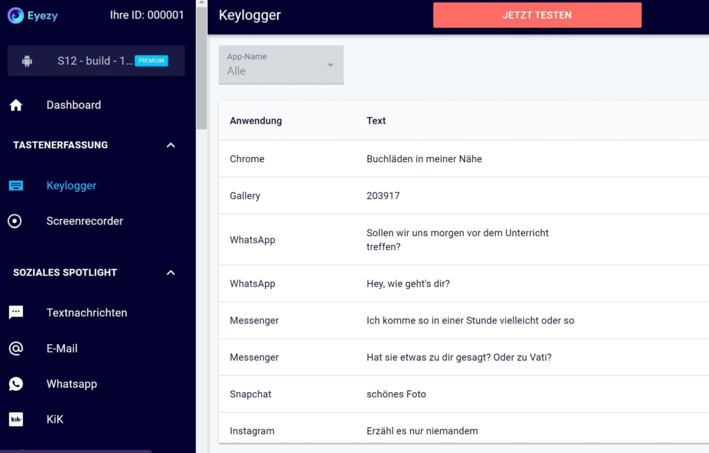 Dashboard der Eyezy-Überwachungs-App mit Keylogger-Funktion