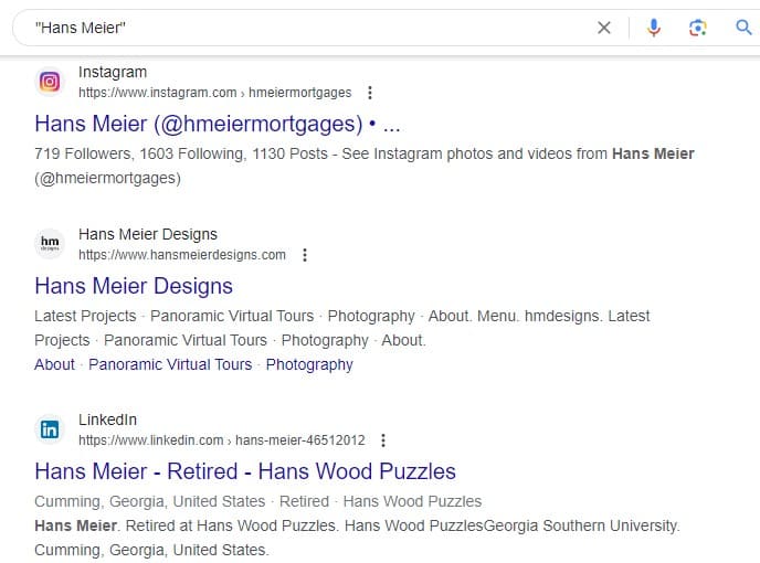 Beispielergebnis einer Google-Suche, um eine Person zu finden
