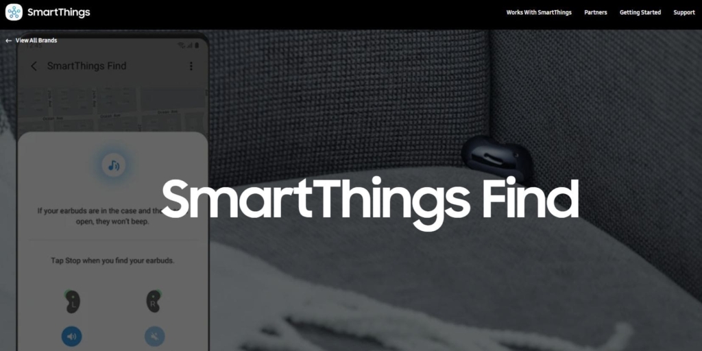 Startseite mit dem Menü des SmartThings Find-Dienstes