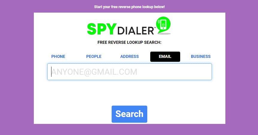Screenshot der Hauptseite von Spy Dialer Reverse Email Lookup Site