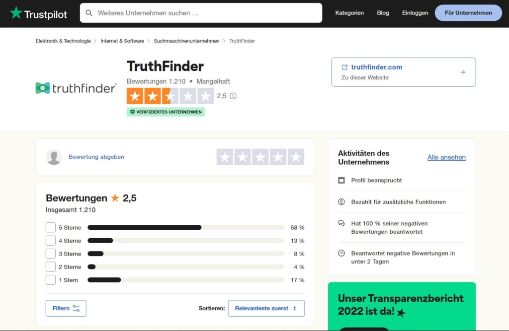 Die Bewertungen von TruthFinder auf Trustpilot