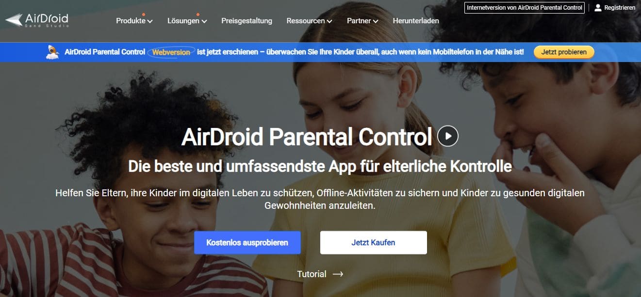 Ansicht der AirDroid Parental Control Website mit Schaltflächen zum Ausprobieren und Kaufen der App