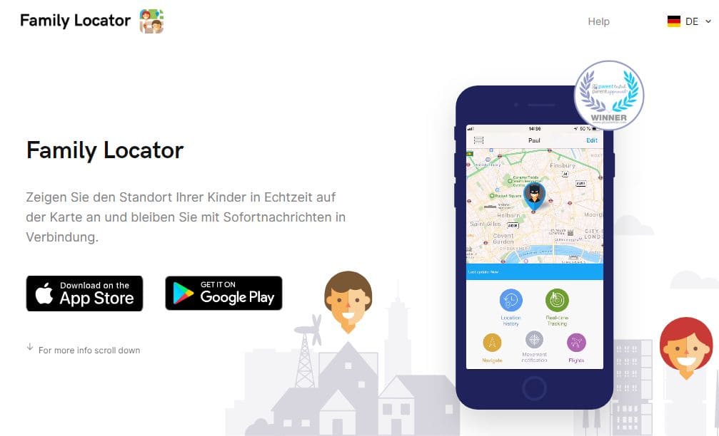 Family Locator-Seitenansicht mit Schaltflächen für mobile Anwendungen