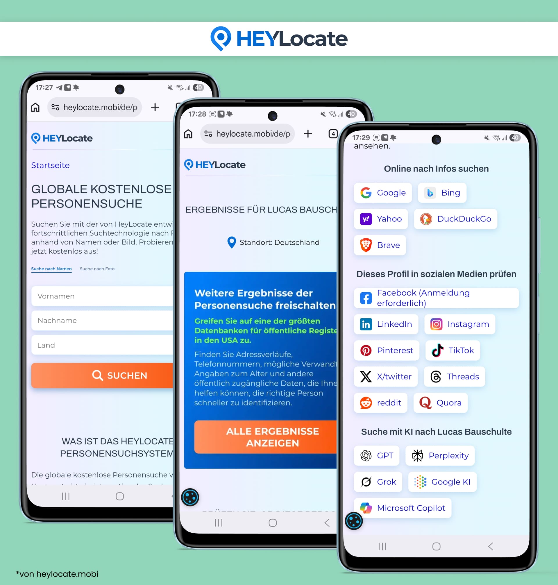 HeyLocate zeigt eine kostenlose weltweite Personensuche nach Namen mit Ergebnisseiten, der Suche nach Social-Media-Profilen, KI-Suchoptionen und Beispielen für die Suche im öffentlichen Web.