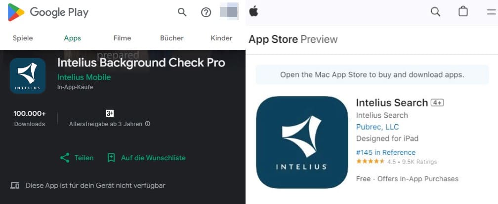 Zwei Screenshots von Intelius in den Apps im Google Play Store und im Apple Store