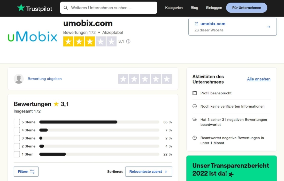 umobix Service-Bewertung auf der Trustpilot-Website