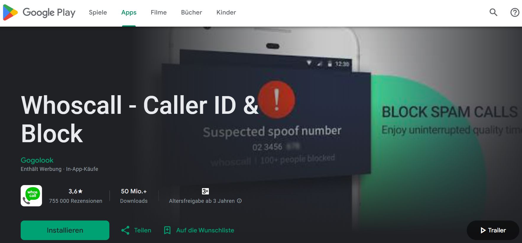 Ansicht der Whoscall - Caller ID & Block App im Playmarket mit App-Info und Installationsbutton
