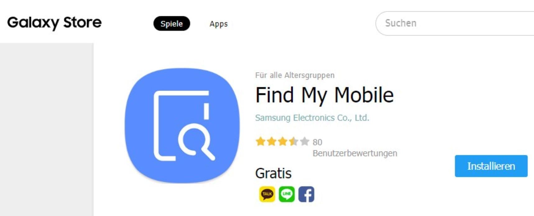 3,5 Sterne Bewertung von Find My Mobile im Galaxy Store