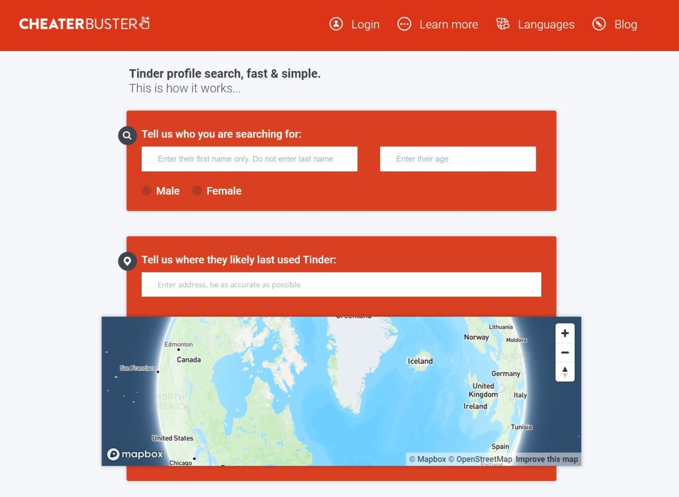 die Hauptseite der Cheaterbuster-Website, auf der Sie nach Informationen über Personen von Tinder suchen können