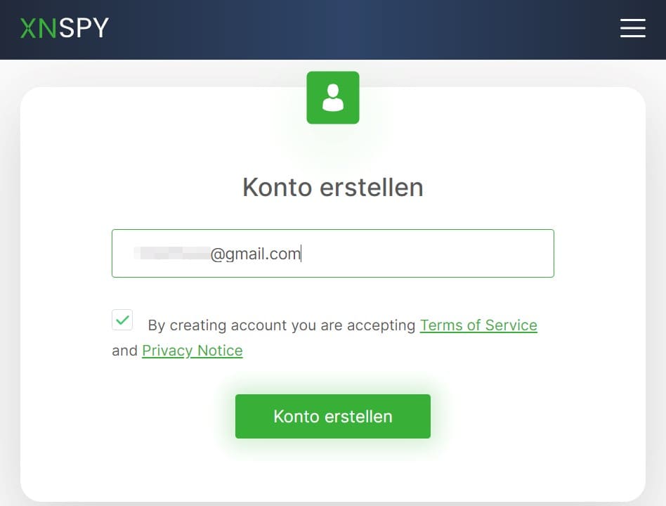 Geben Sie Ihre E-Mail-Adresse ein, um ein Konto auf der XNSPY-Website zu erstellen