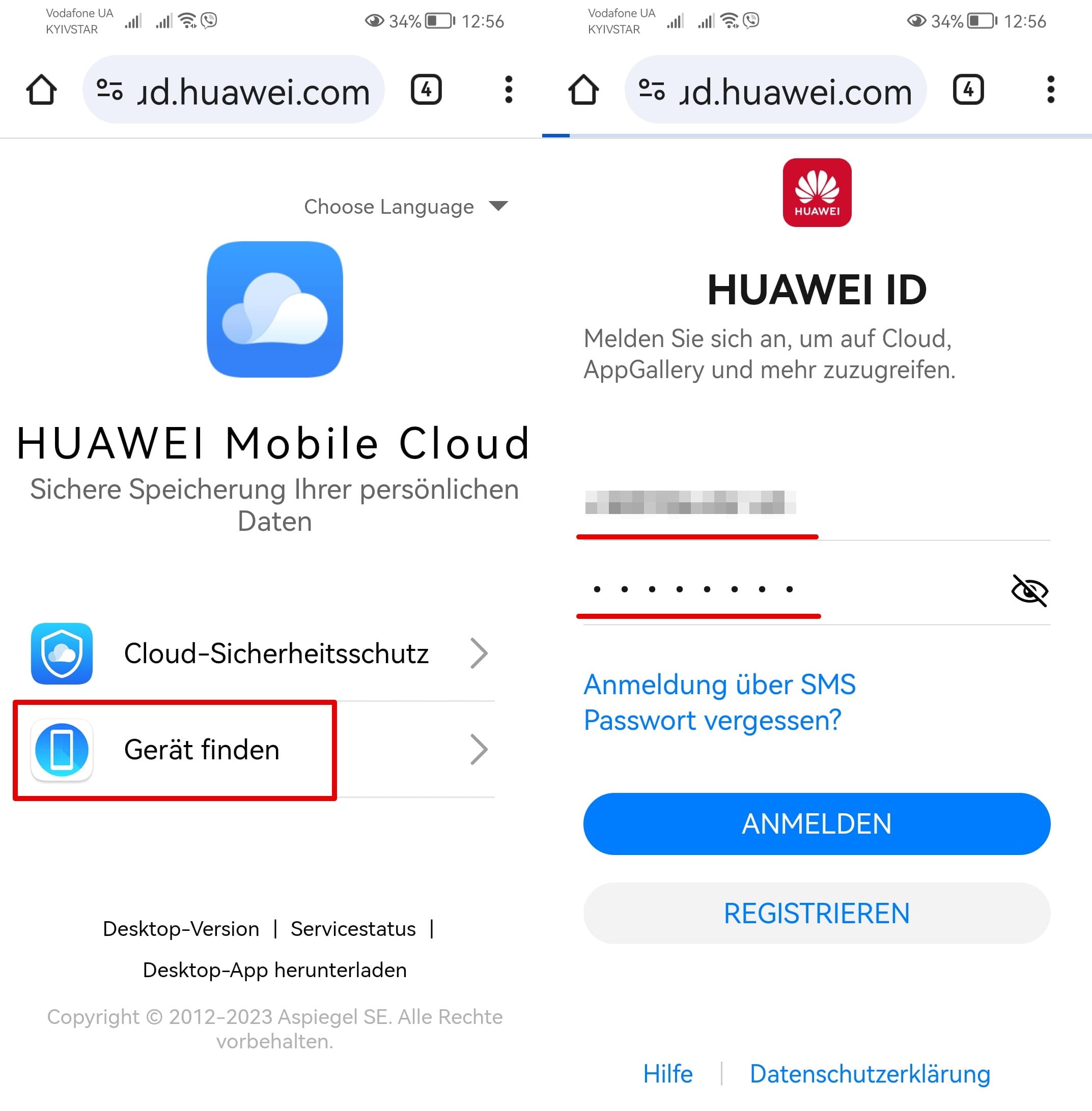 Screenshots der Huawei Mobile Cloud-Seite und des Huawei-Kontos mit Anmelde- und Passwortfeldern