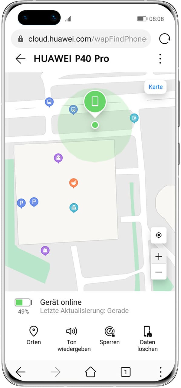 Huawei zeigt das geortete Smartphone auf der Karte an