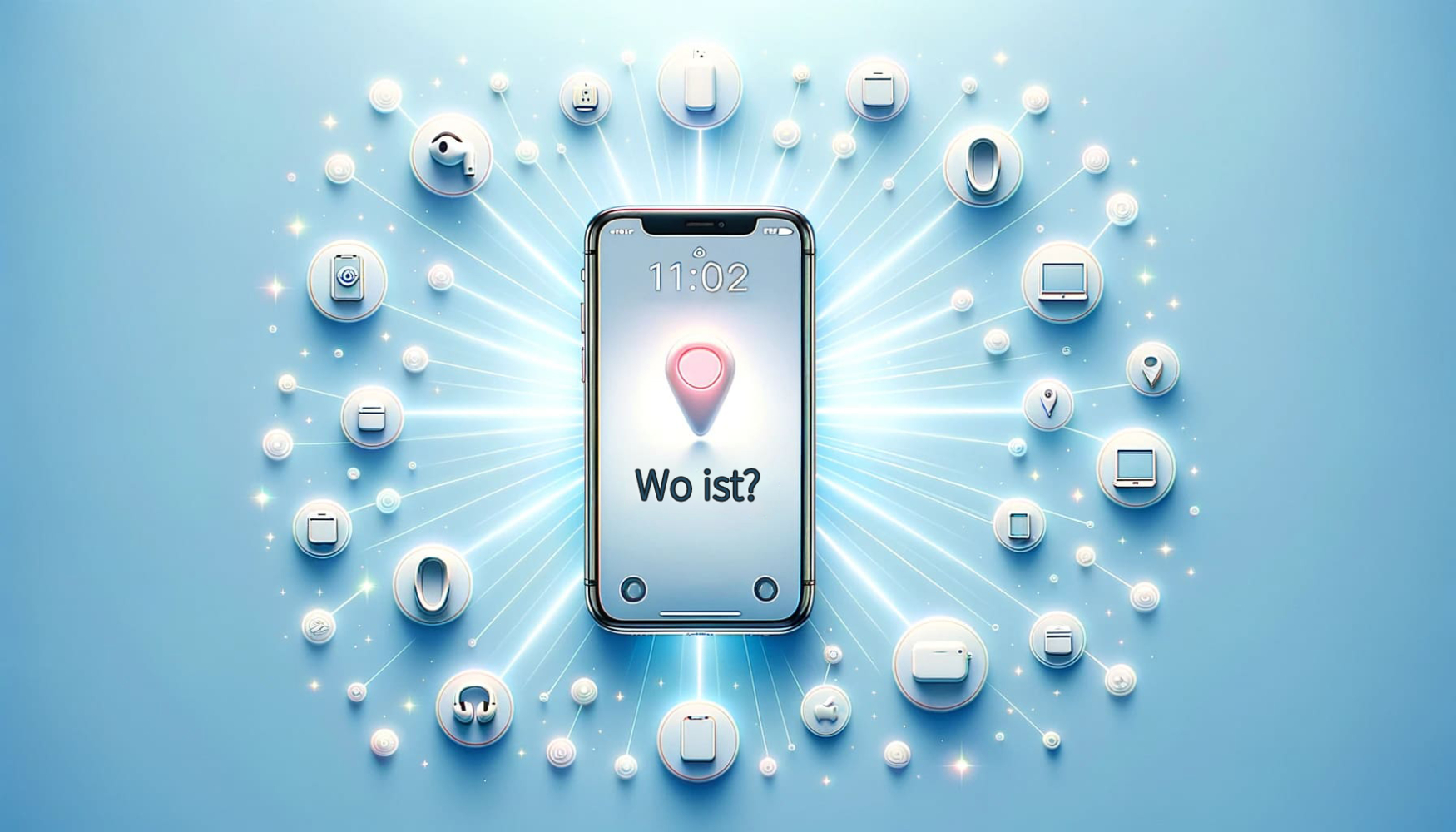 Ein iPhone mit der "Find My"-Schnittstelle, die durch leuchtende Strahlen mit Symbolen anderer Apple-Geräte auf hellblauem Hintergrund verbunden ist