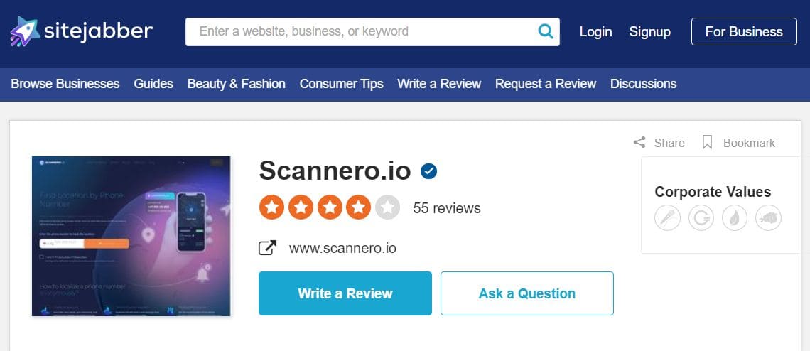 Sitejabber zeigt die Bewertung von Scannero