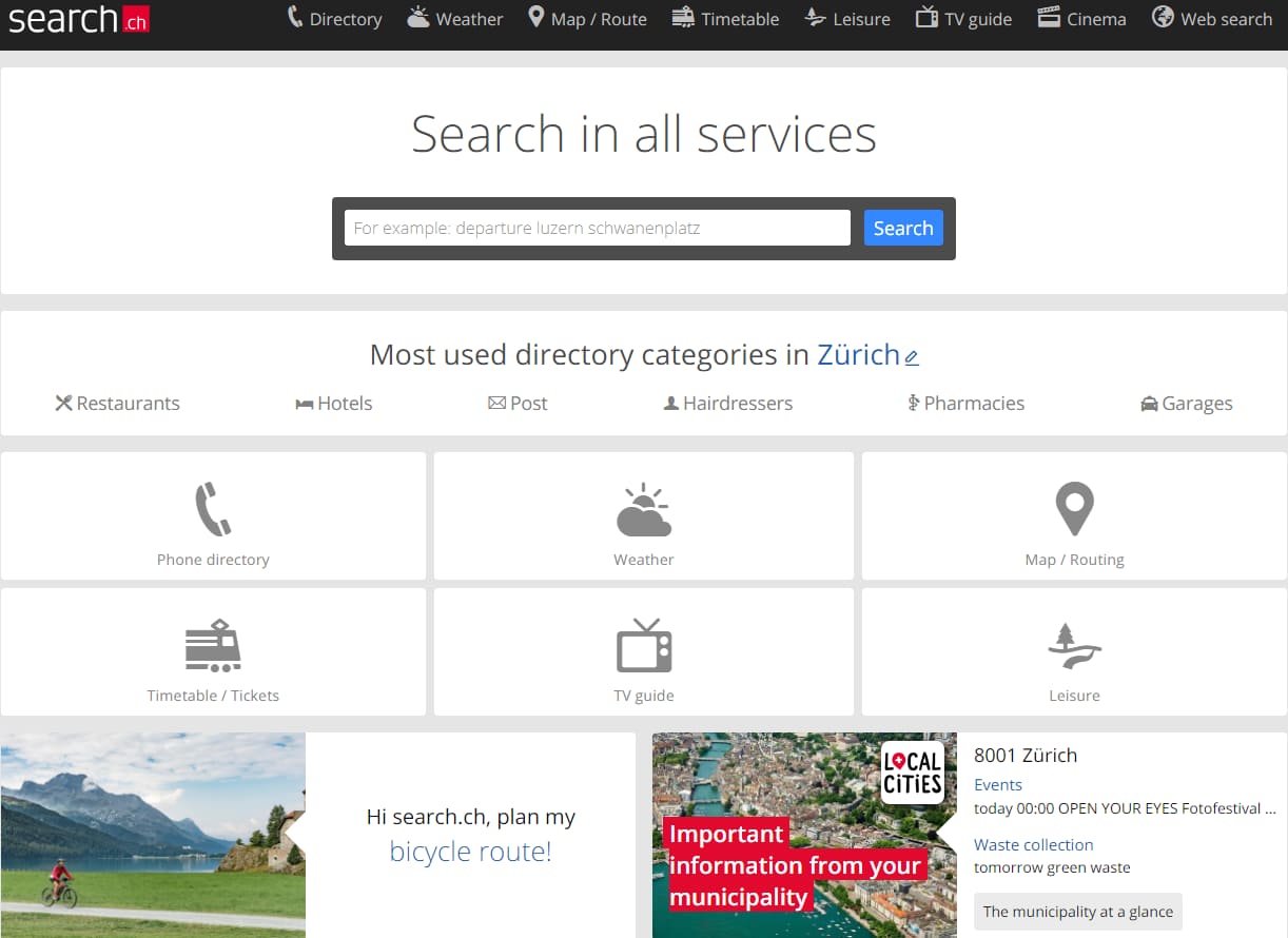 ein Screenshot der Startseite von Search.ch