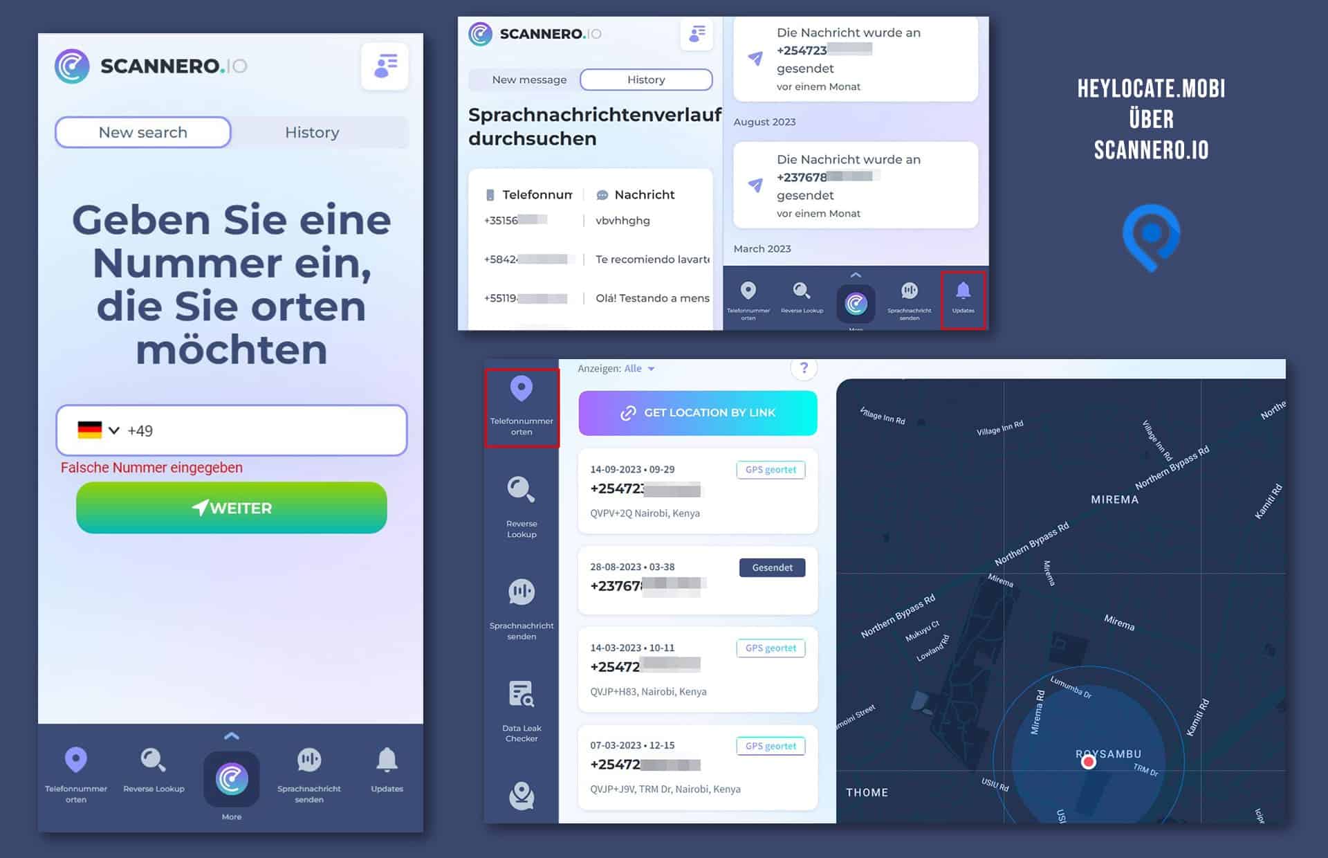 Eingabe der Telefonnummer, Versenden einer SMS und Anzeige des Standorts der Nummer auf der Karte sowie Verfolgung der Änderungshistorie
