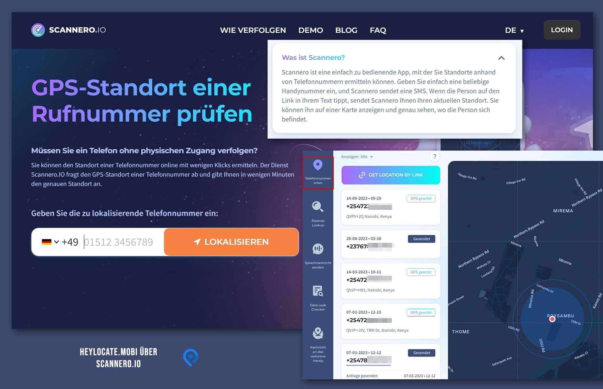 Startseite der scannero-Website mit einem Beispiel für den Standort einer Nummer