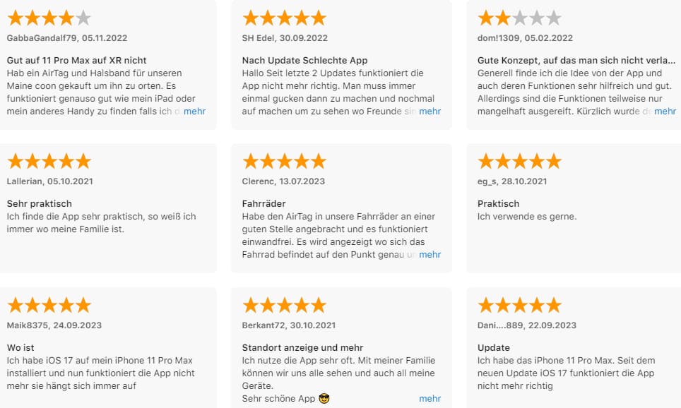 Positive und Negative Bewertungen im App-store der Wo ist App