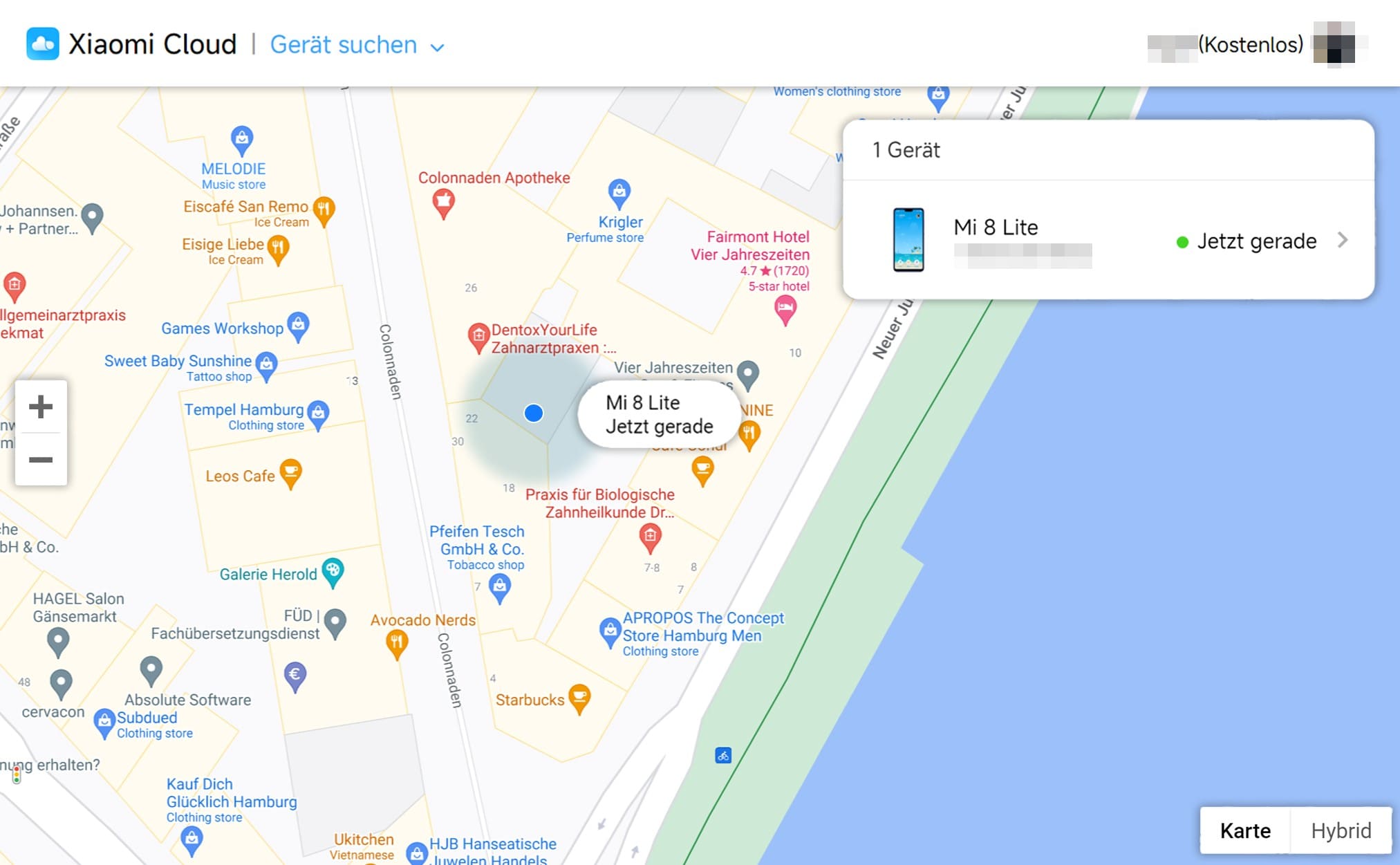 
Ein Bild eines Telefons auf Google Maps mit Mi Find Device geortet