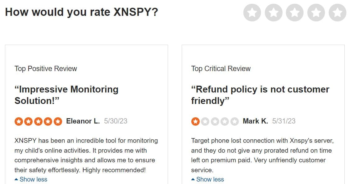 Positive und negative Bewertungen von XNSPY auf Sitejabber
