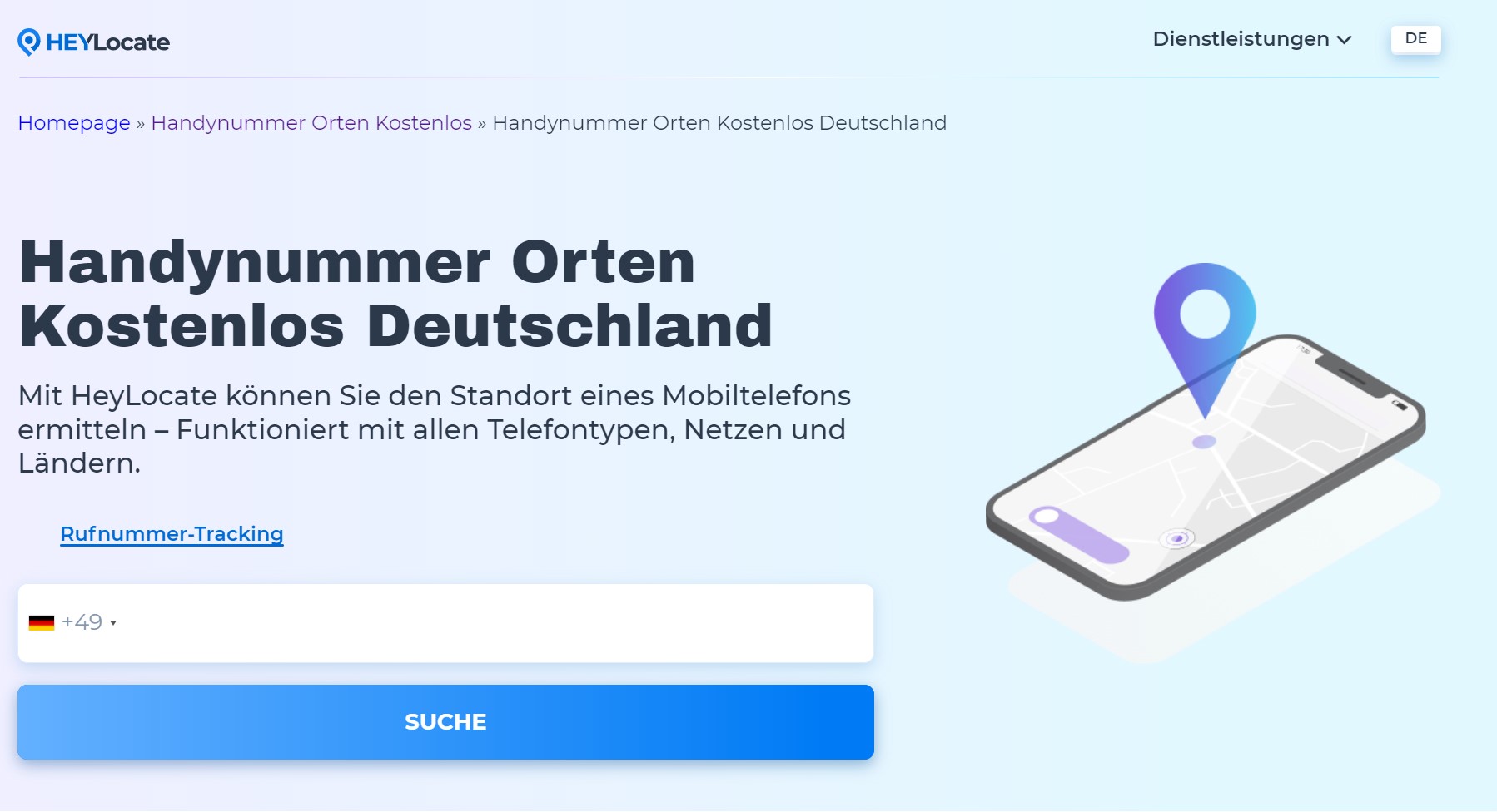 HeyLocate Formular zum Aufspueren von Handynummern in Deutschland