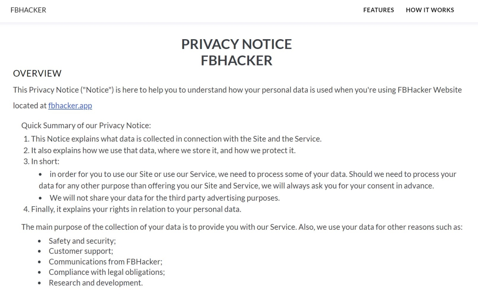 Ansicht auf der FBhacker-Website, wo die Datenschutzbestimmungen beschrieben sind