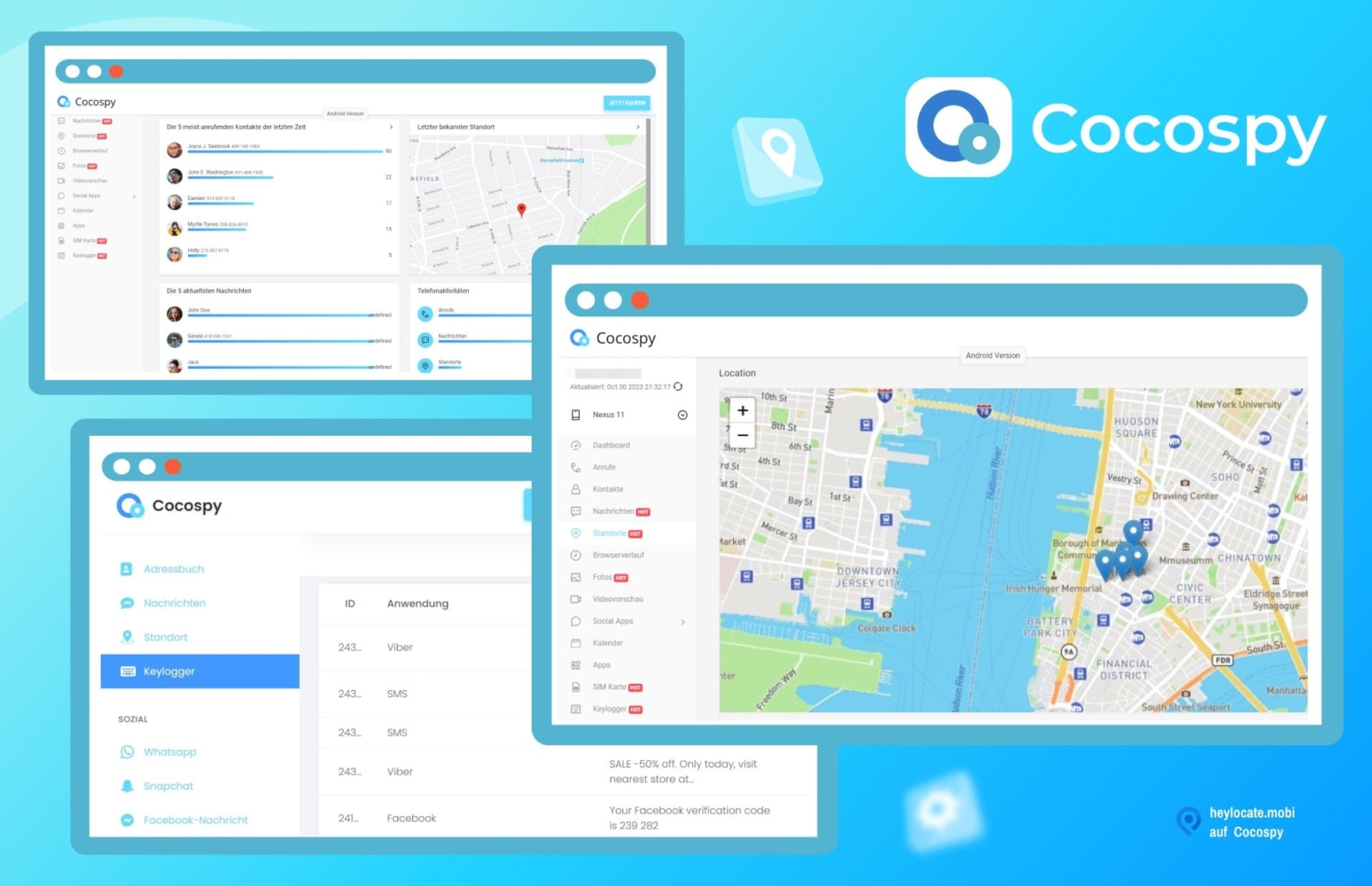Eine Collage, die verschiedene Screenshots der Cocospy-Anwendungsoberfläche zeigt. Die Bilder zeigen verschiedene Bereiche wie ein Dashboard, einen Standort-Tracker mit einer Karte und die am häufigsten verwendeten WhatsApp-Chats.