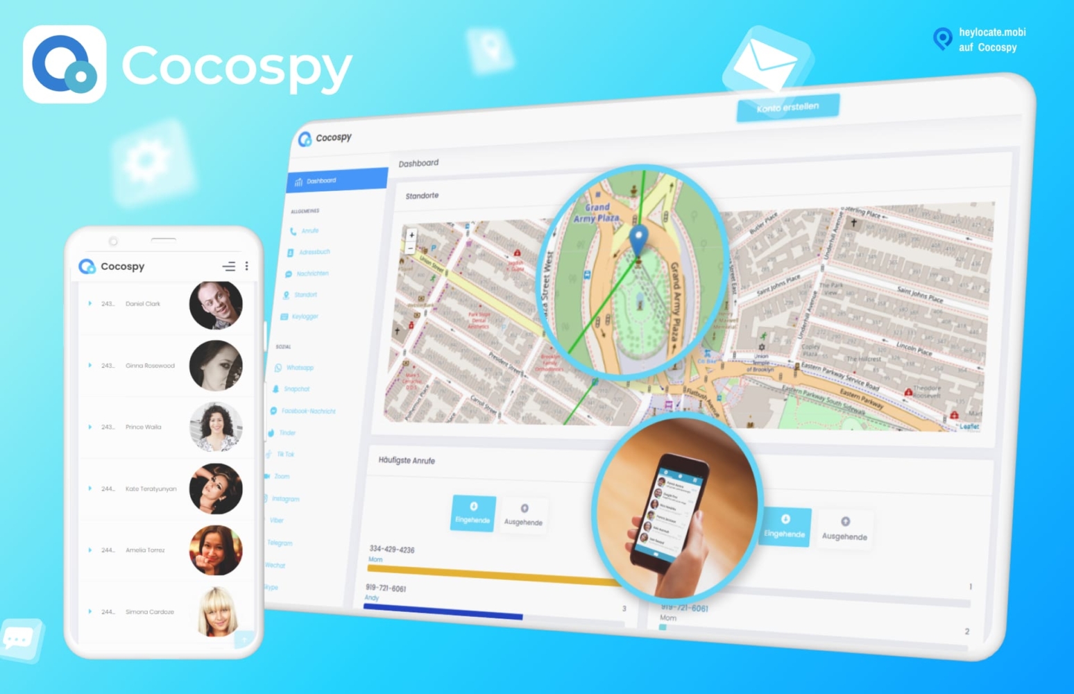 Bild für Cocospy, das ein Smartphone und einen Browser mit der Anwendungsschnittstelle zeigt, auf der eine Karte mit Standortpins, eine Liste von Kontakten und eine Person mit einem Smartphone zu sehen sind, die die Anwendung demonstriert