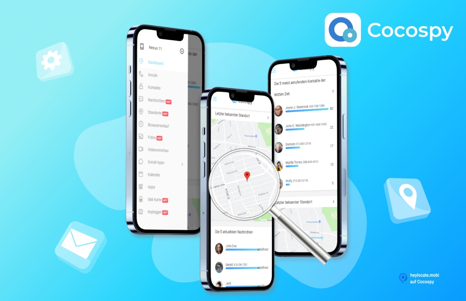 Werbebild von Cocospy, das die Oberfläche der App auf Smartphones zeigt. Die Schnittstelle enthält Optionen wie Anrufe, Nachrichten, Standorte und eine Karte, die einen Standort anzeigt.